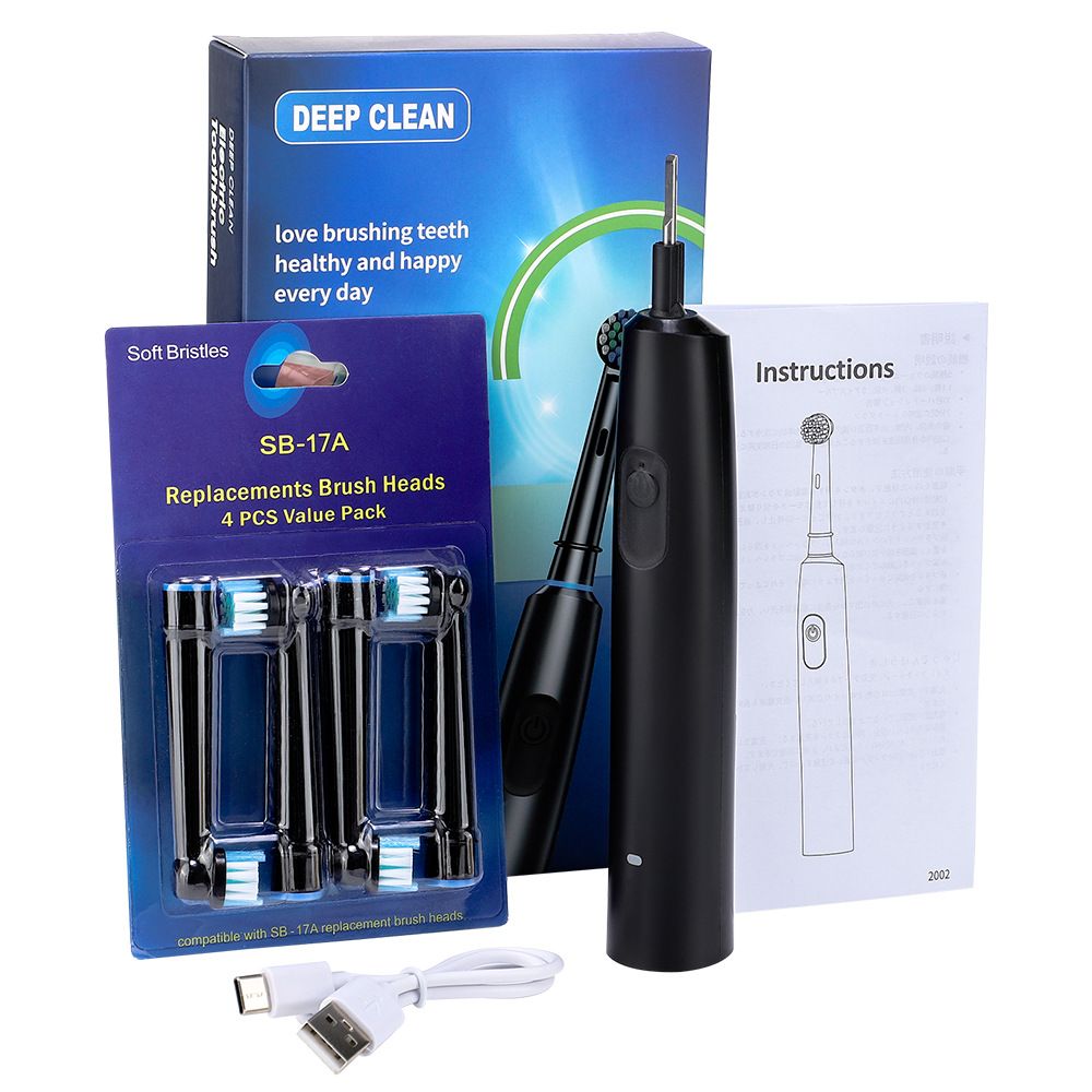 Rotating Electric Toothbrush for Adults with 4 Brush Heads (2 Types), 4 Modes Deep Clean Electric Toothbrush with Rechargeable Power and 2 Min Smart Timer （with battery）