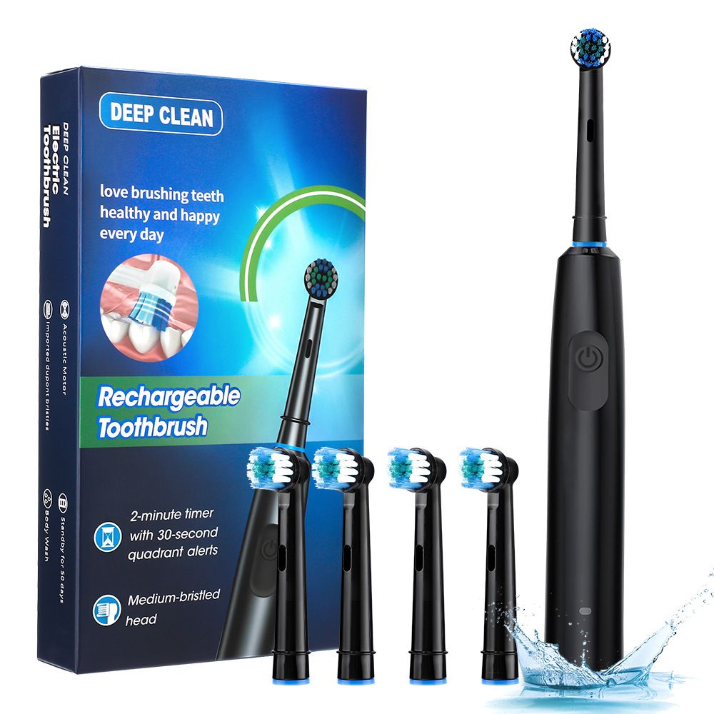 Rotating Electric Toothbrush for Adults with 4 Brush Heads (2 Types), 4 Modes Deep Clean Electric Toothbrush with Rechargeable Power and 2 Min Smart Timer （with battery）