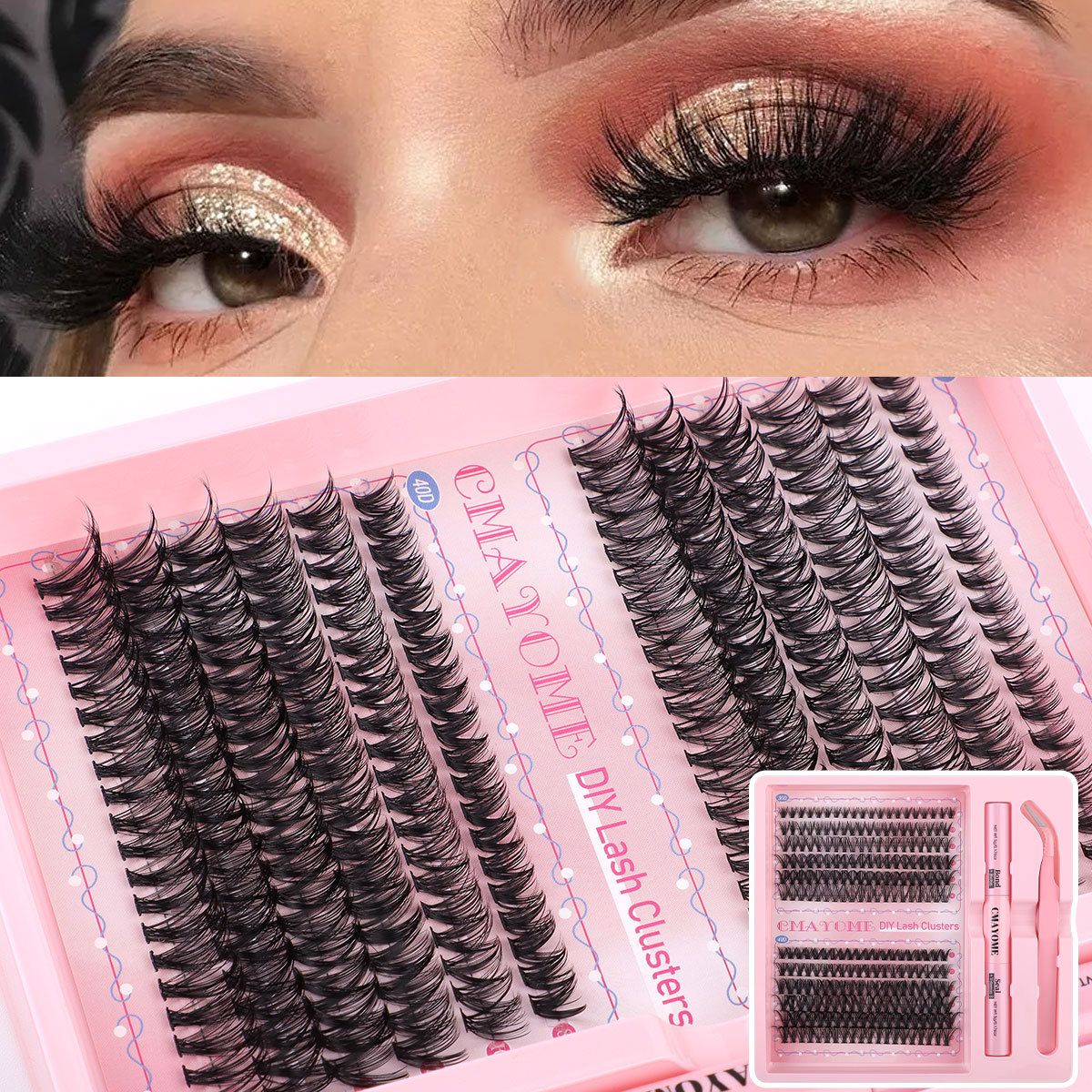 Lash Extension Kit Thick Eyelash Extension 300pcs 10-18mm DIY Lash Clusters Kit 40D+50D+60D D Curl Individual Lashes with Lash Bond and Seal Lash Tweezers (10D+40D+50D+100D)