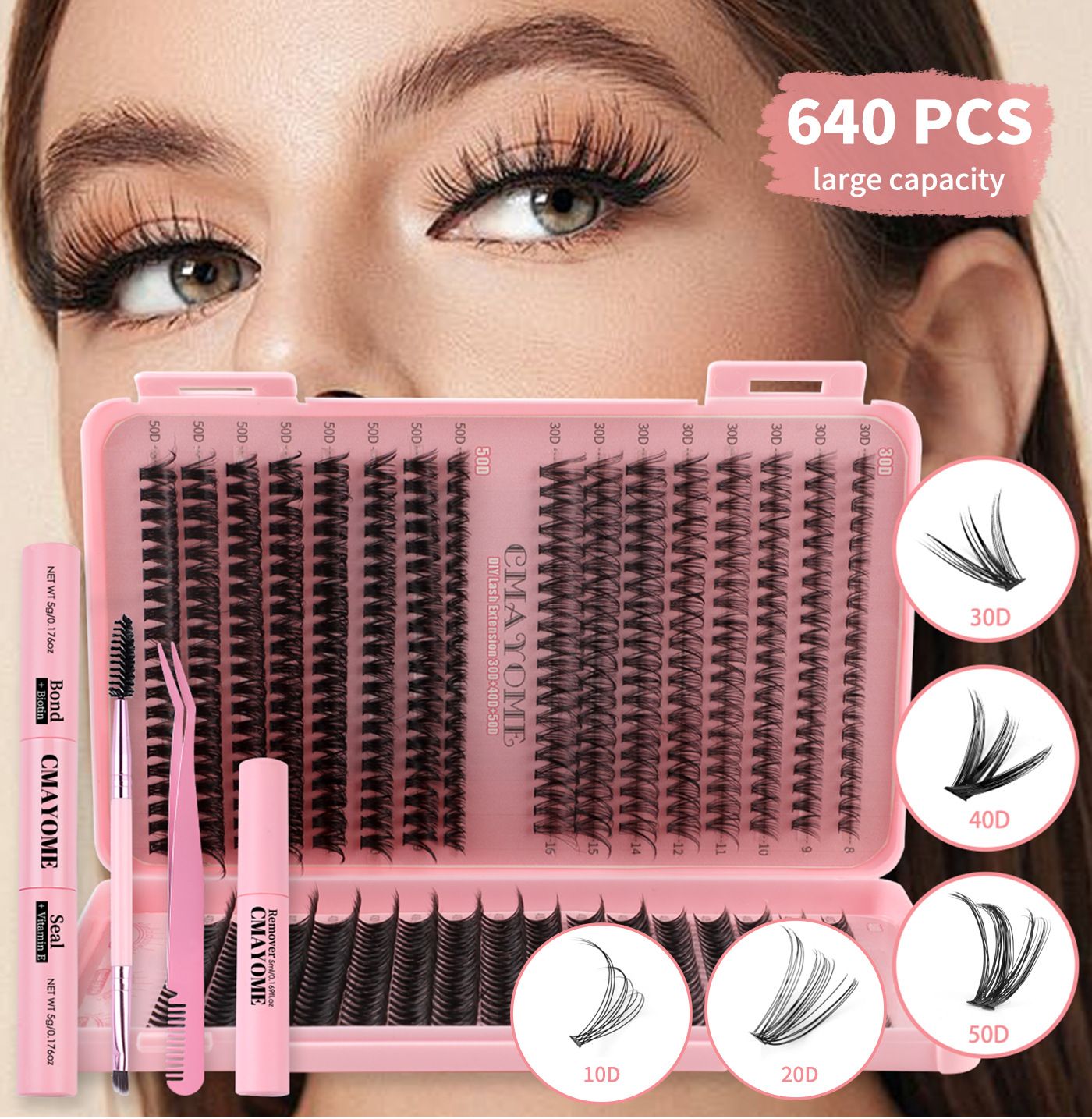 Lashes Extension Kit 640pcs False Eyelashes Clusters 10D+20D+30D+40D+50D, DIY Individual Lash Kit 8-18mm with Eyelash Tools Set