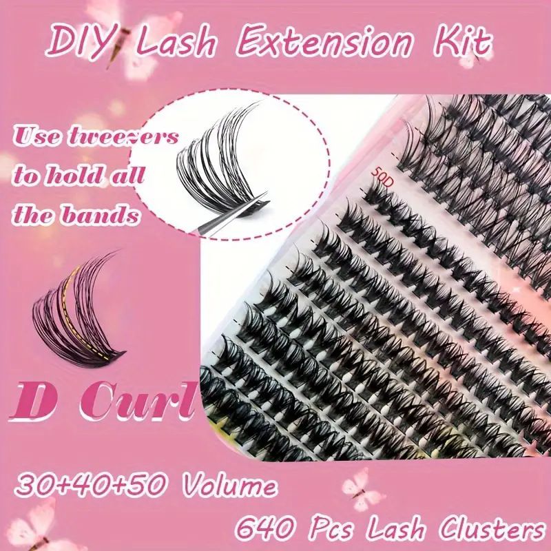 640PCS Wispy Lash Clusters Kit - 9-16mm Natural DIY Eyelash Extensions (30D-50D), Individual Cluster Lashes for Volume with Lash Glue, Bond & Seal, Tweezers, Double-Ended Brush & Remover