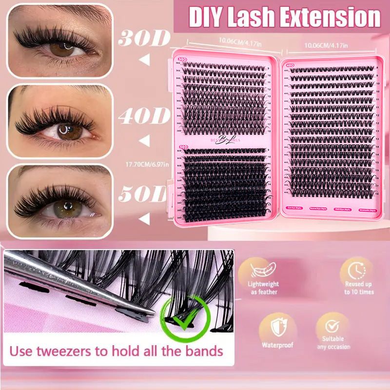 640PCS Wispy Lash Clusters Kit - 9-16mm Natural DIY Eyelash Extensions (30D-50D), Individual Cluster Lashes for Volume with Lash Glue, Bond & Seal, Tweezers, Double-Ended Brush & Remover