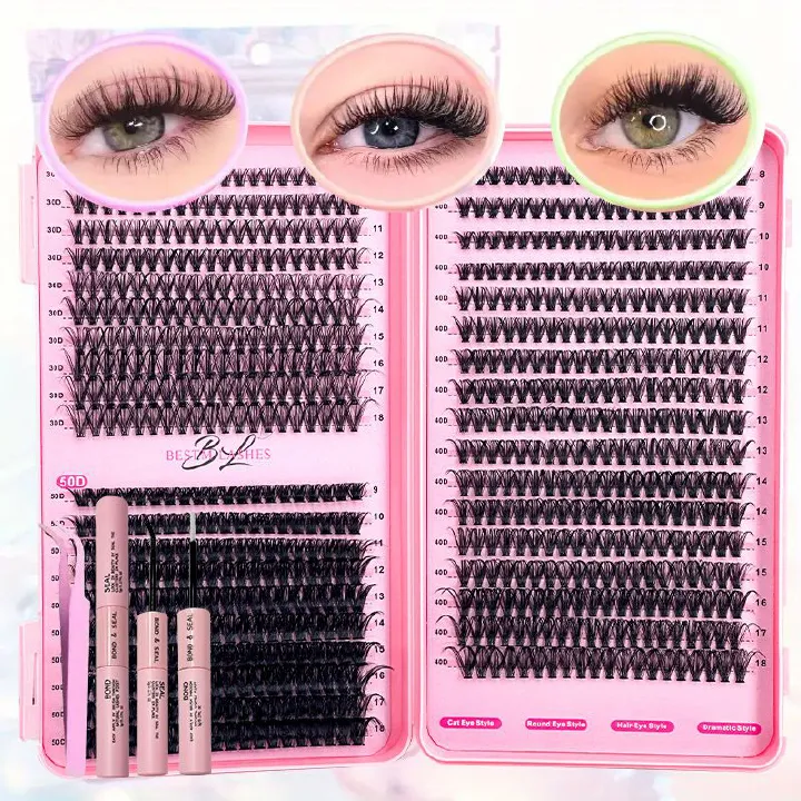 640PCS Wispy Lash Clusters Kit - 9-16mm Natural DIY Eyelash Extensions (30D-50D), Individual Cluster Lashes for Volume with Lash Glue, Bond & Seal, Tweezers, Double-Ended Brush & Remover