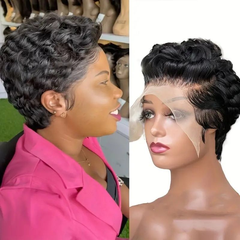 Cut Wigs Synthetic Hair Short  Hair For Black Women Glueless Wigs Pre Plucked Short Curly wigs With Bangs For Daily Use Natural Black Color