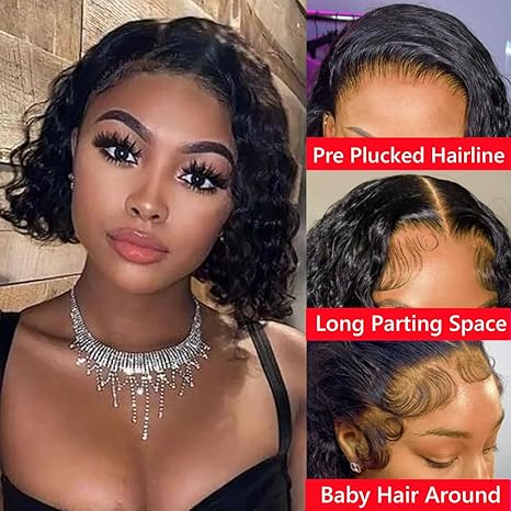Wig Deep Wave Lace Front Wigs  Hair 13x6 Lace Frontal Wigs 180% Density Curly Bob Wig Hair Pre Plucked Deep Wave Wig for Black Women (Natural Black, 12Inch)