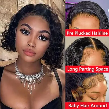Wig Deep Wave Lace Front Wigs  Hair 13x6 Lace Frontal Wigs 180% Density Curly Bob Wig Hair Pre Plucked Deep Wave Wig for Black Women (Natural Black, 12Inch)