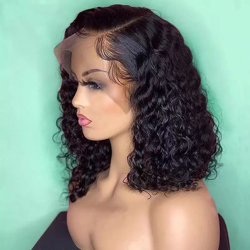 Wig Deep Wave Lace Front Wigs  Hair 13x6 Lace Frontal Wigs 180% Density Curly Bob Wig Hair Pre Plucked Deep Wave Wig for Black Women (Natural Black, 12Inch)