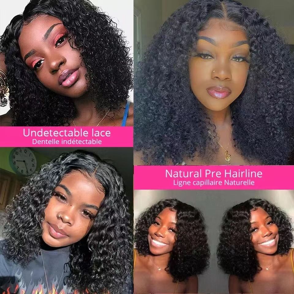 Wig Deep Wave Lace Front Wigs  Hair 13x6 Lace Frontal Wigs 180% Density Curly Bob Wig Hair Pre Plucked Deep Wave Wig for Black Women (Natural Black, 12Inch)