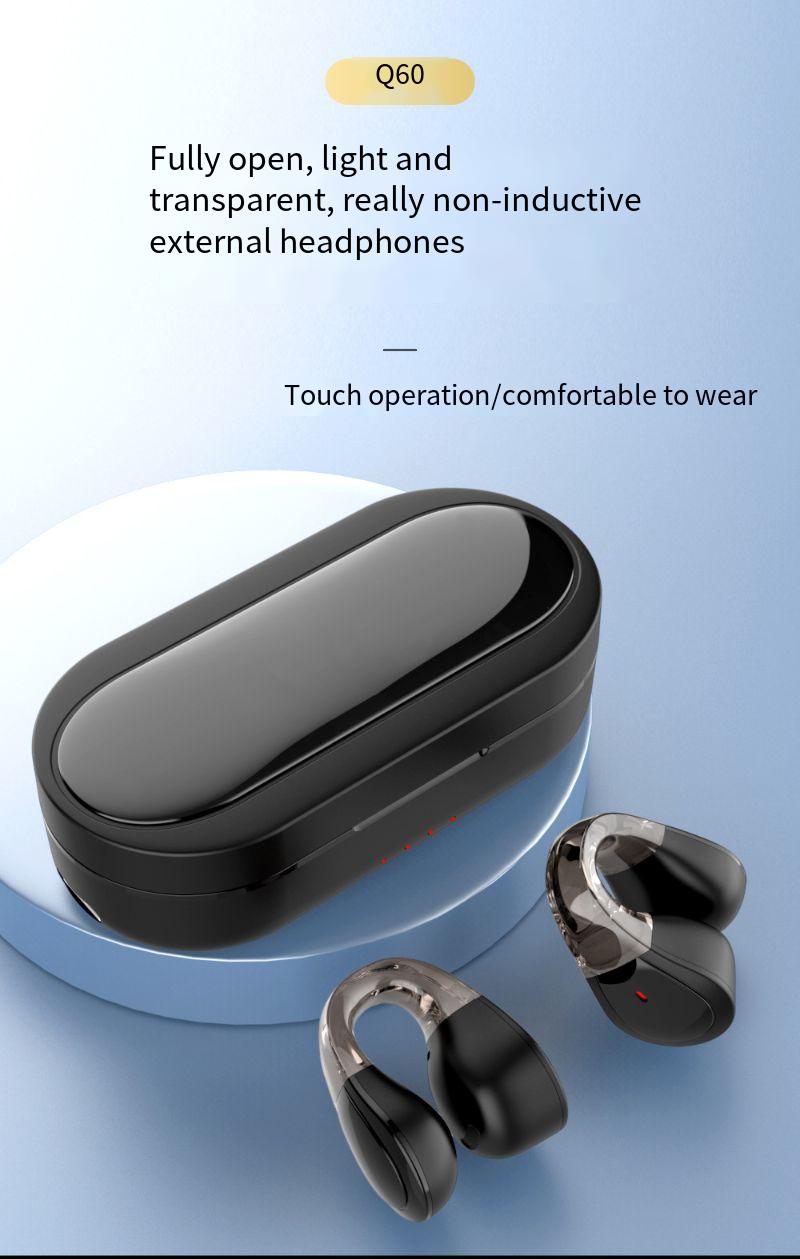 Open Ear Earbuds, Wireless Bluetooth Earphone, Clip on Headphones, Over The Ear Earbuds for Fitness Running Gym Workouts, Built-in Mic, Wireless Charging, Black Headset