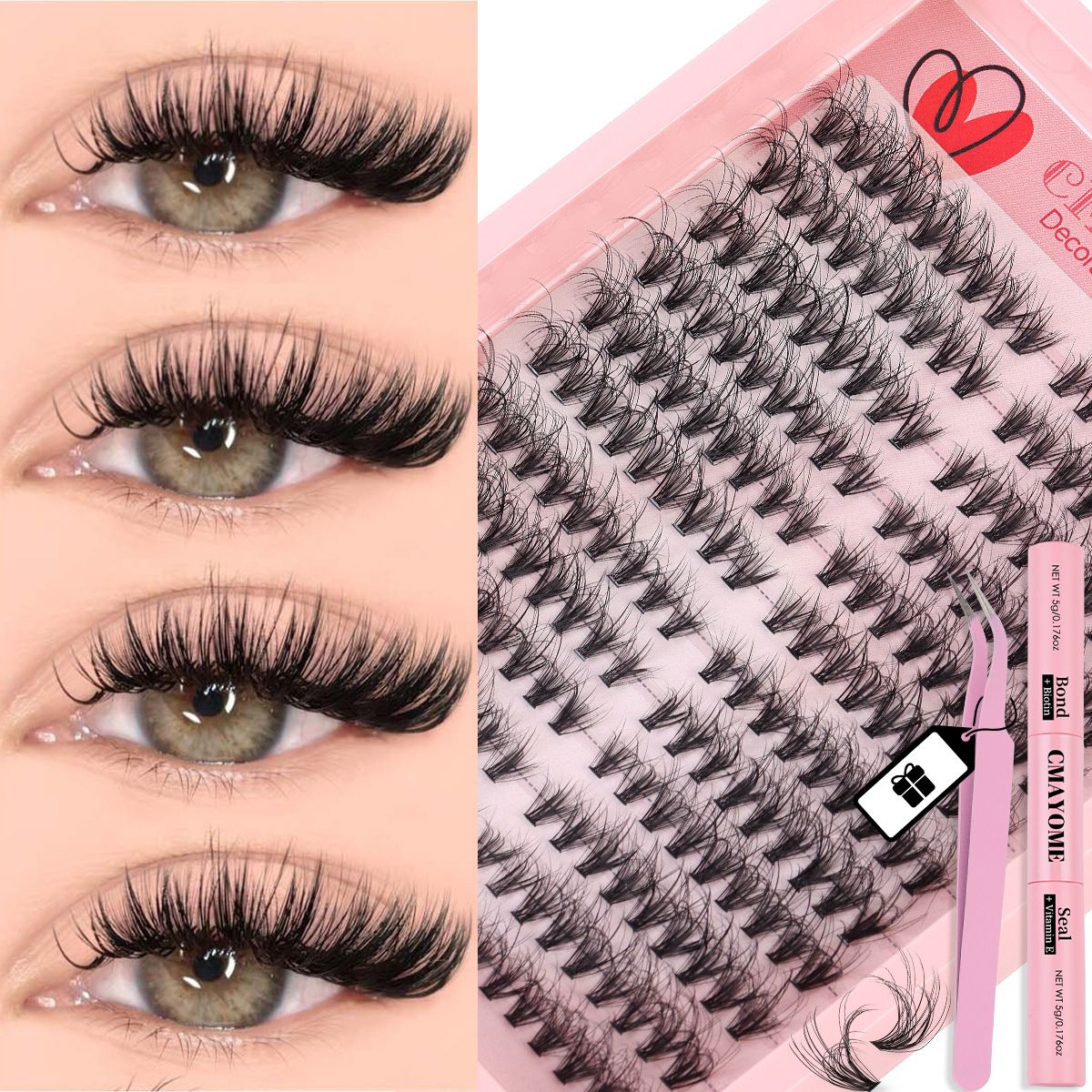 Lash Extension Kit Wispy Volume Lash Clusters 40D+50D+60D, Individual Lashes 10-18mm Eyelash Extension Kit D Curly 300pcs Eyelash Clusters with Waterproof Lash Bond and Seal and Lash Tweezers