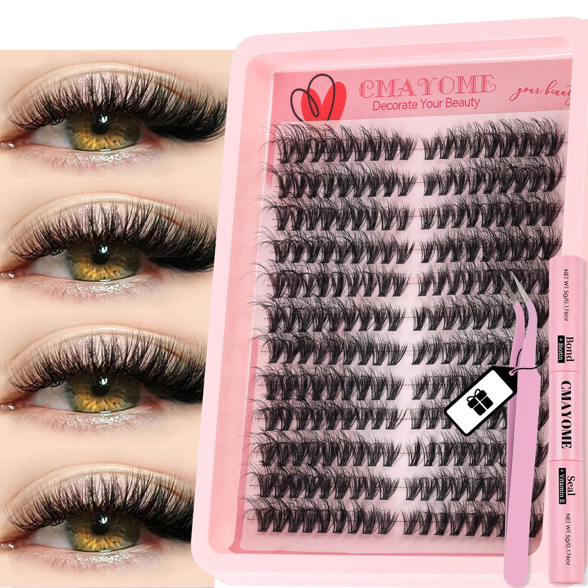Lash Extension Kit Wispy Volume Lash Clusters 40D+50D+60D, Individual Lashes 10-18mm Eyelash Extension Kit D Curly 300pcs Eyelash Clusters with Waterproof Lash Bond and Seal and Lash Tweezers