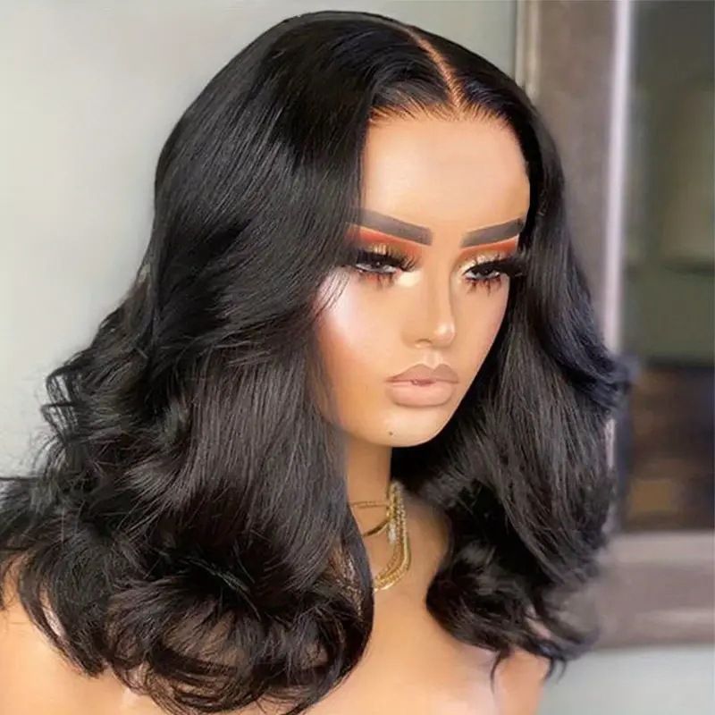 Density Body Wave Bob Wig Synthetic Hair HD Lace Front Wigs Hair 13x4 Glueless Wigs  Hair  Lace Frontal Glueless Short Bob Wigs for Black Women 14 inch