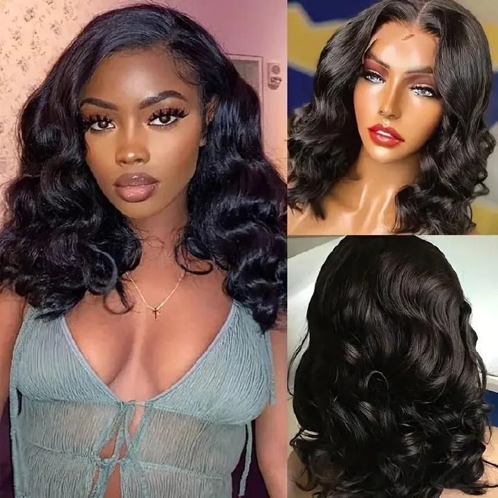 Density Body Wave Bob Wig Synthetic Hair HD Lace Front Wigs Hair 13x4 Glueless Wigs  Hair  Lace Frontal Glueless Short Bob Wigs for Black Women 14 inch