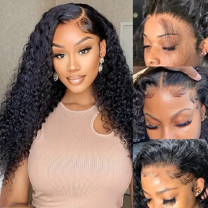 Glueless Curly Lace Front Wig Middle Part Closure Wig Natural Black Pre Cut Synthetic Curl Wig Upgraded with Premium Human-Hair-Like Fiber