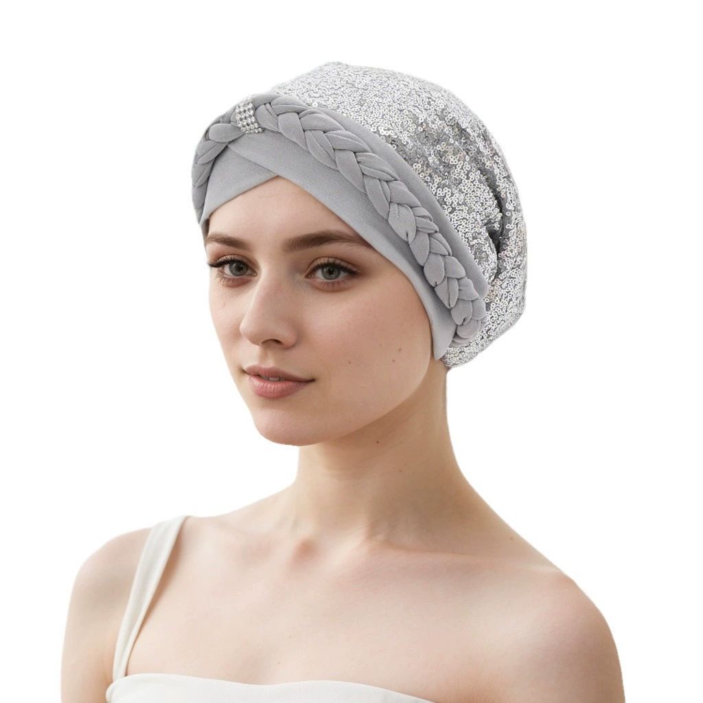 African Women  Glitter Sequins Braid Turban Hat Patchwork Muslim Headscarf Bonnet Head Cover Chemo Cancer Cap