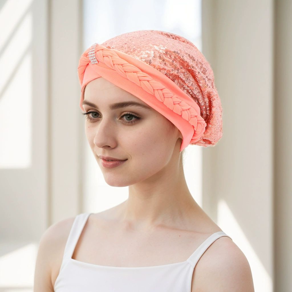 African Women  Glitter Sequins Braid Turban Hat Patchwork Muslim Headscarf Bonnet Head Cover Chemo Cancer Cap