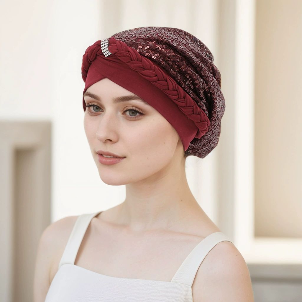 African Women  Glitter Sequins Braid Turban Hat Patchwork Muslim Headscarf Bonnet Head Cover Chemo Cancer Cap