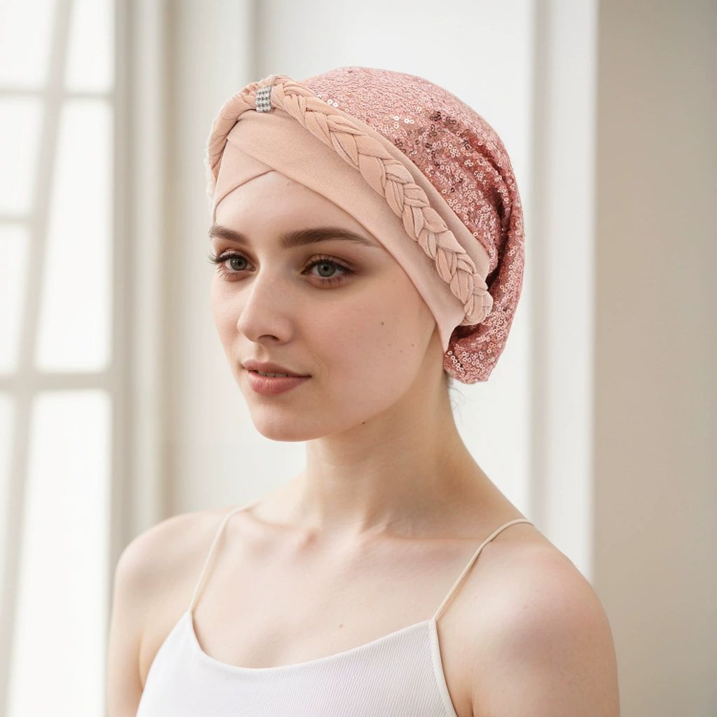 African Women  Glitter Sequins Braid Turban Hat Patchwork Muslim Headscarf Bonnet Head Cover Chemo Cancer Cap