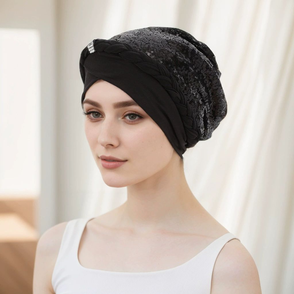 African Women  Glitter Sequins Braid Turban Hat Patchwork Muslim Headscarf Bonnet Head Cover Chemo Cancer Cap