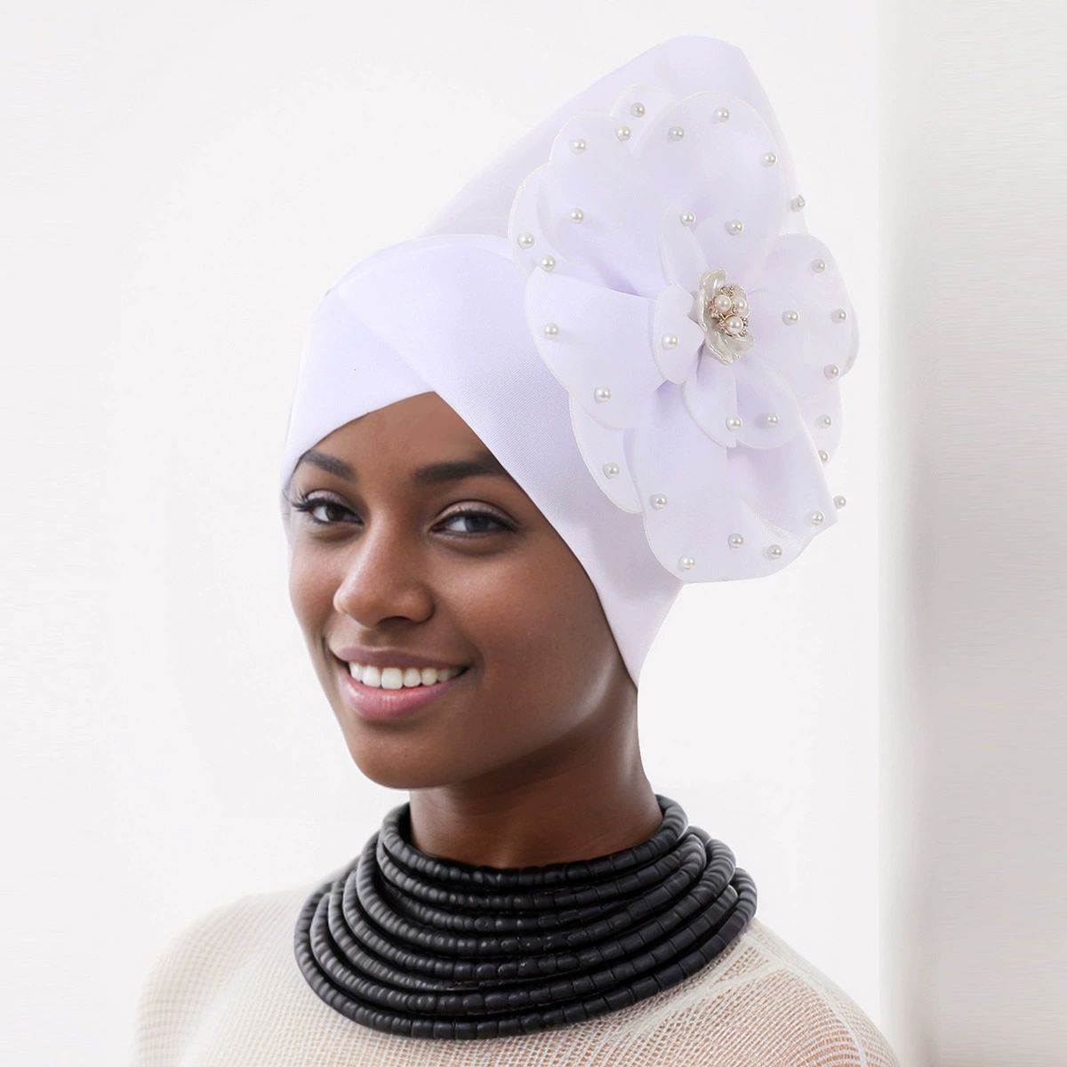 African Big  Flower Pearl  Rhinestone Turban Cap Muslim Pre Tied Beanie Headwrap Bonnet Stretch Pleated Women Headscarf Hat