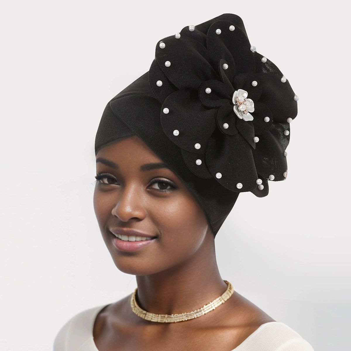 African Big  Flower Pearl  Rhinestone Turban Cap Muslim Pre Tied Beanie Headwrap Bonnet Stretch Pleated Women Headscarf Hat