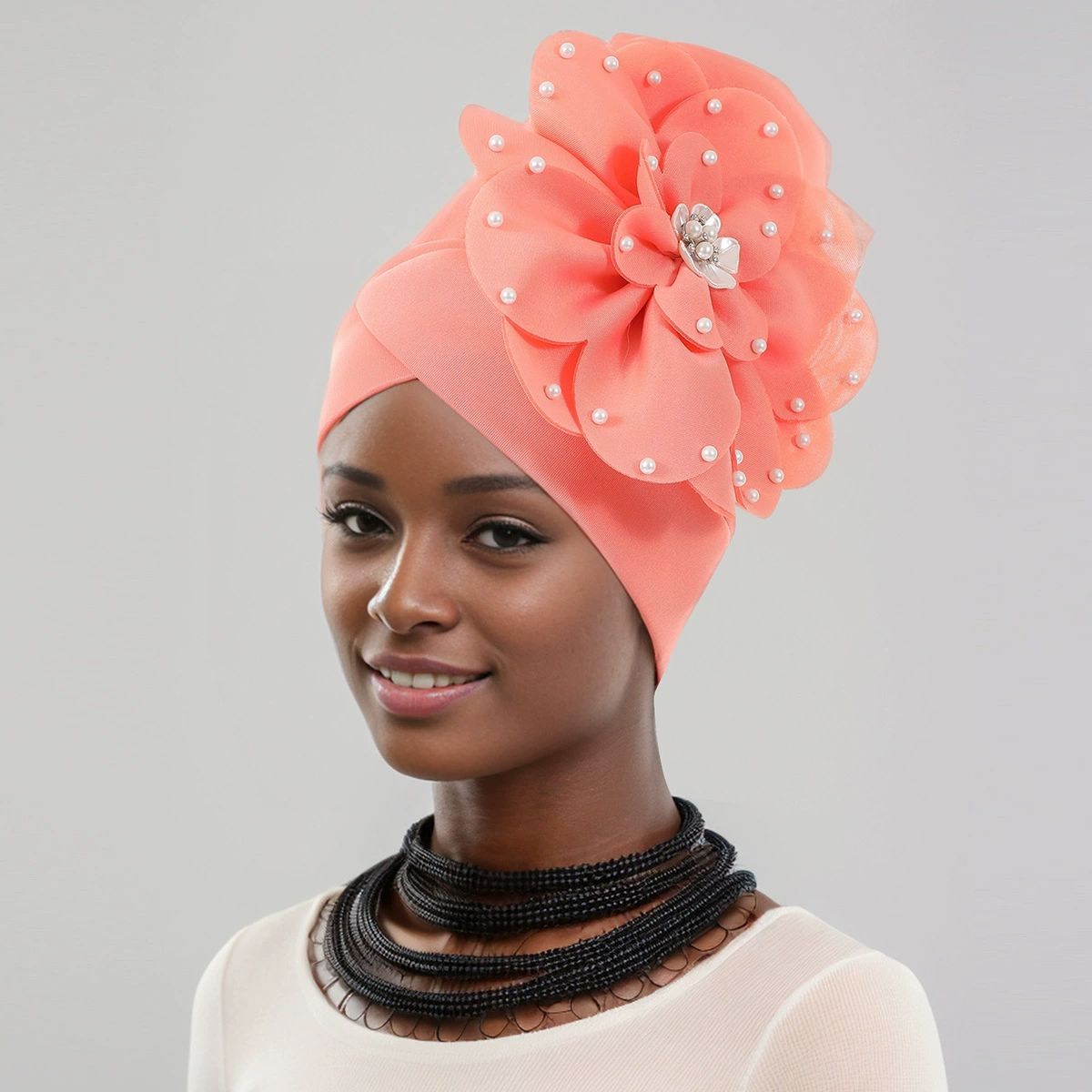 African Big  Flower Pearl  Rhinestone Turban Cap Muslim Pre Tied Beanie Headwrap Bonnet Stretch Pleated Women Headscarf Hat