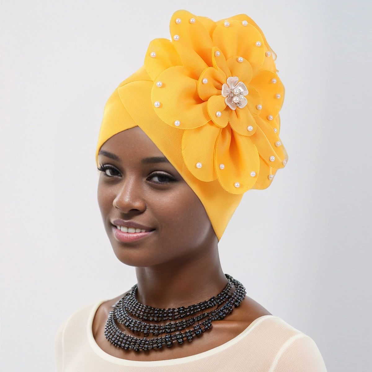 African Big  Flower Pearl  Rhinestone Turban Cap Muslim Pre Tied Beanie Headwrap Bonnet Stretch Pleated Women Headscarf Hat