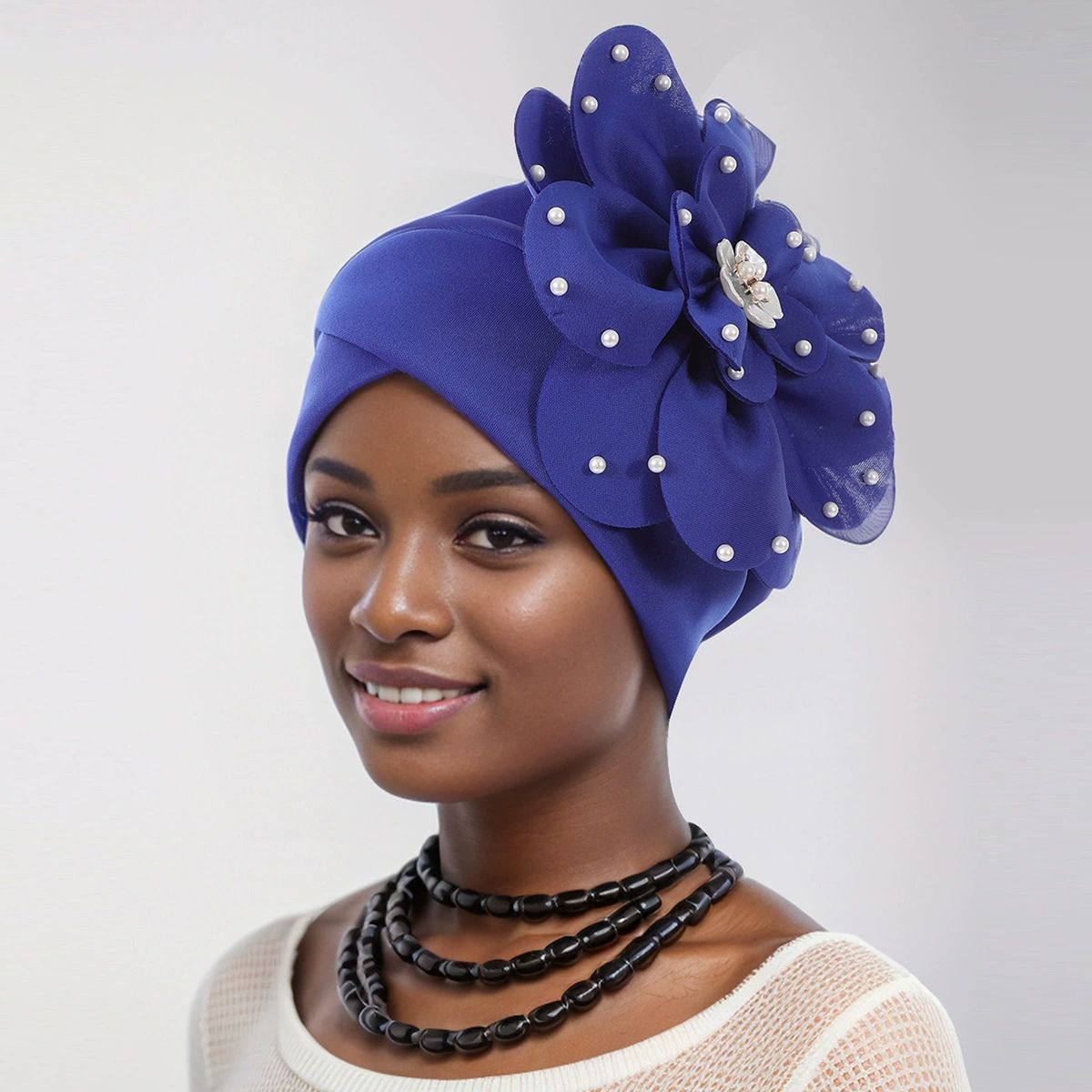African Big  Flower Pearl  Rhinestone Turban Cap Muslim Pre Tied Beanie Headwrap Bonnet Stretch Pleated Women Headscarf Hat