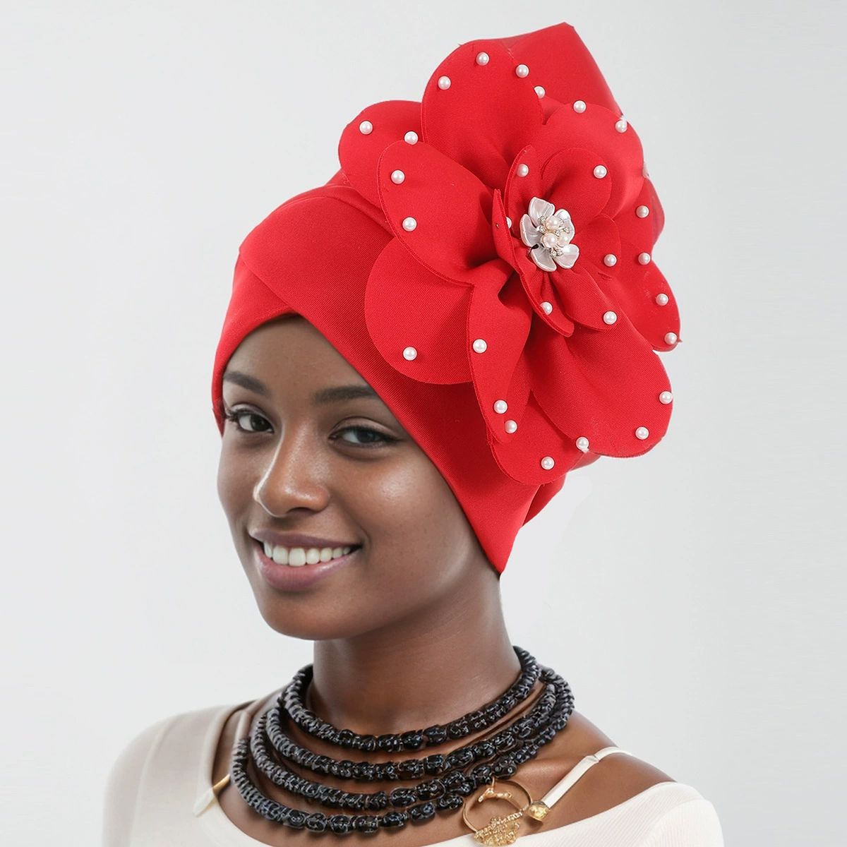African Big  Flower Pearl  Rhinestone Turban Cap Muslim Pre Tied Beanie Headwrap Bonnet Stretch Pleated Women Headscarf Hat