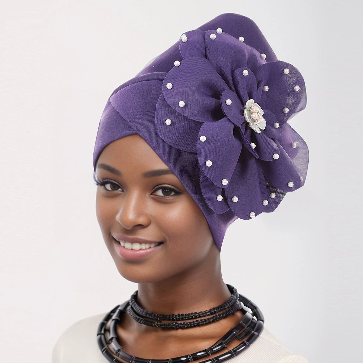 African Big  Flower Pearl  Rhinestone Turban Cap Muslim Pre Tied Beanie Headwrap Bonnet Stretch Pleated Women Headscarf Hat