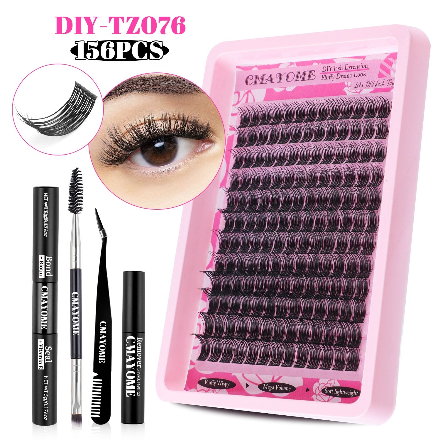 Fluffier Lashes Clusters Kit Wispy Individual Lashes 100D Volume Cluster Eyelash Extensions Kit 10-16mm D Curly Lash Extension Kit with Bond and Seal and Lash Tweezers DIY Eyelash Kit