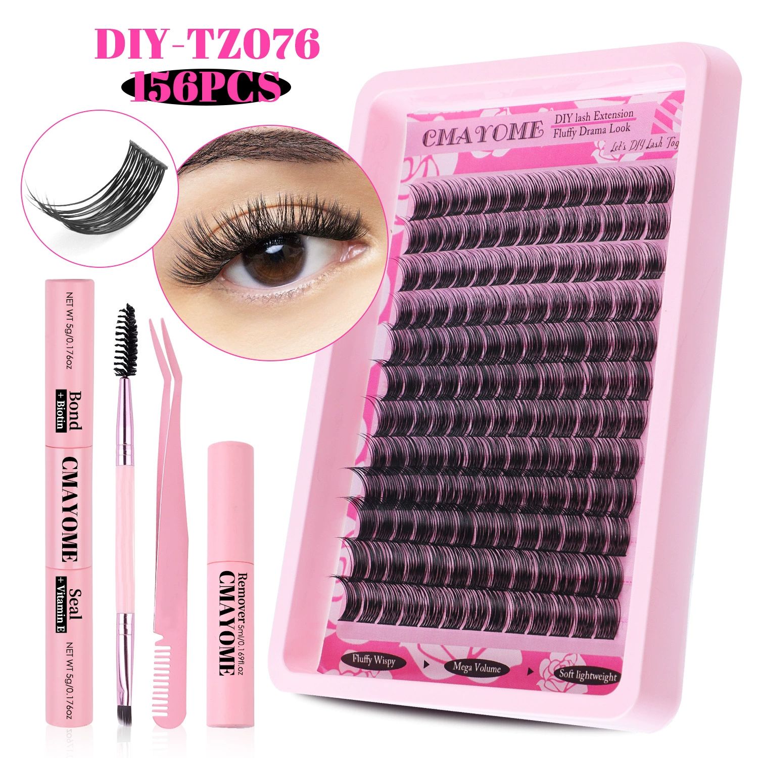 Fluffier Lashes Clusters Kit Wispy Individual Lashes 100D Volume Cluster Eyelash Extensions Kit 10-16mm D Curly Lash Extension Kit with Bond and Seal and Lash Tweezers DIY Eyelash Kit