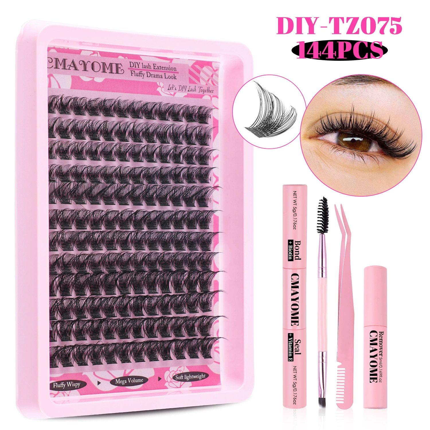 Fluffier Lashes Clusters Kit Wispy Individual Lashes 100D Volume Cluster Eyelash Extensions Kit 10-16mm D Curly Lash Extension Kit with Bond and Seal and Lash Tweezers DIY Eyelash Kit