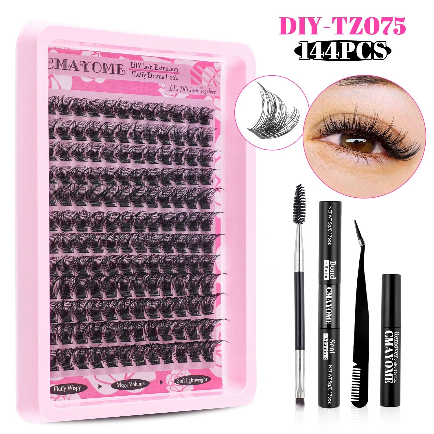 Fluffier Lashes Clusters Kit Wispy Individual Lashes 100D Volume Cluster Eyelash Extensions Kit 10-16mm D Curly Lash Extension Kit with Bond and Seal and Lash Tweezers DIY Eyelash Kit