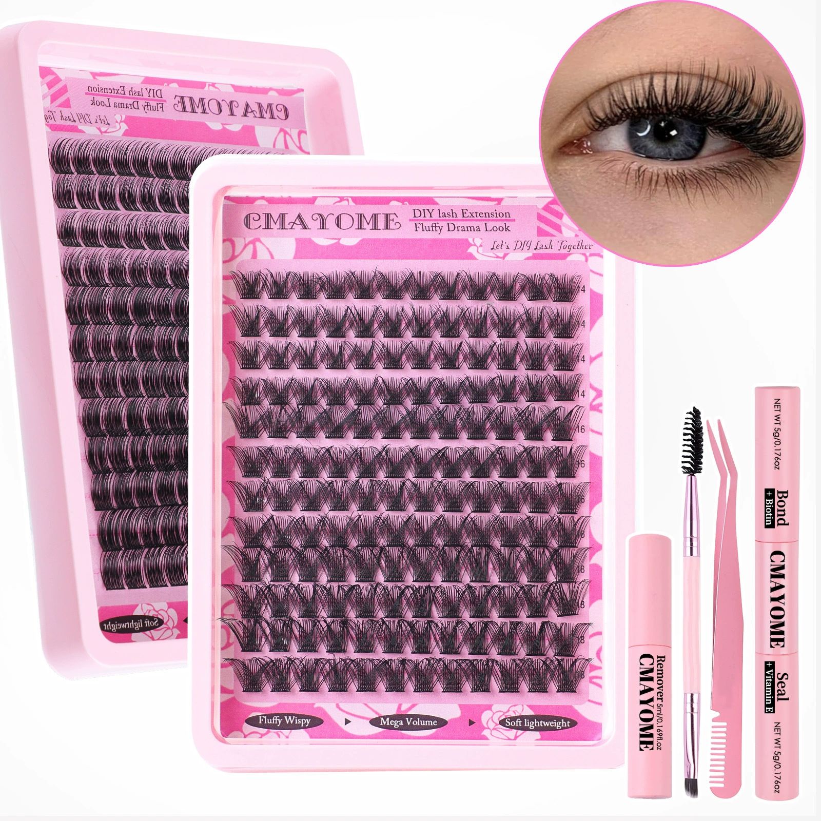 Fluffier Lashes Clusters Kit Wispy Individual Lashes 100D Volume Cluster Eyelash Extensions Kit 10-16mm D Curly Lash Extension Kit with Bond and Seal and Lash Tweezers DIY Eyelash Kit