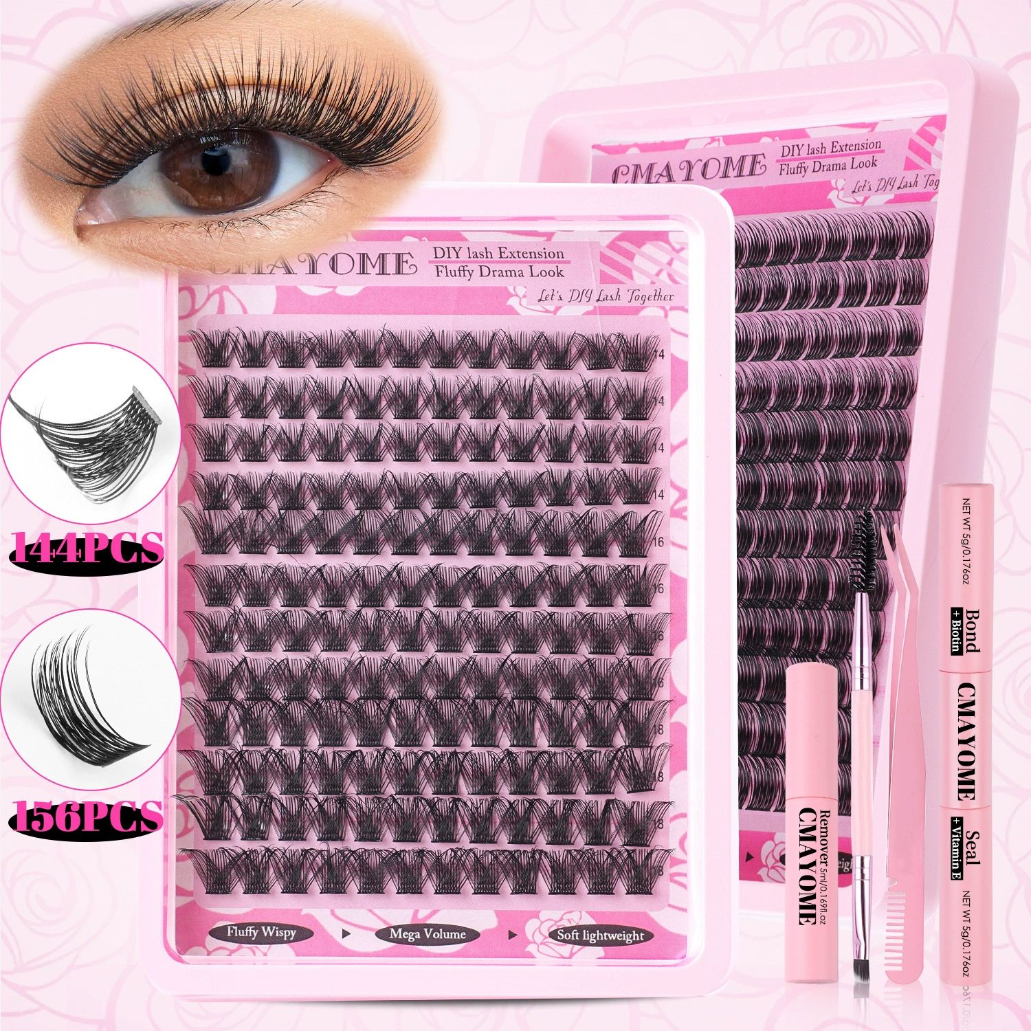 Fluffier Lashes Clusters Kit Wispy Individual Lashes 100D Volume Cluster Eyelash Extensions Kit 10-16mm D Curly Lash Extension Kit with Bond and Seal and Lash Tweezers DIY Eyelash Kit