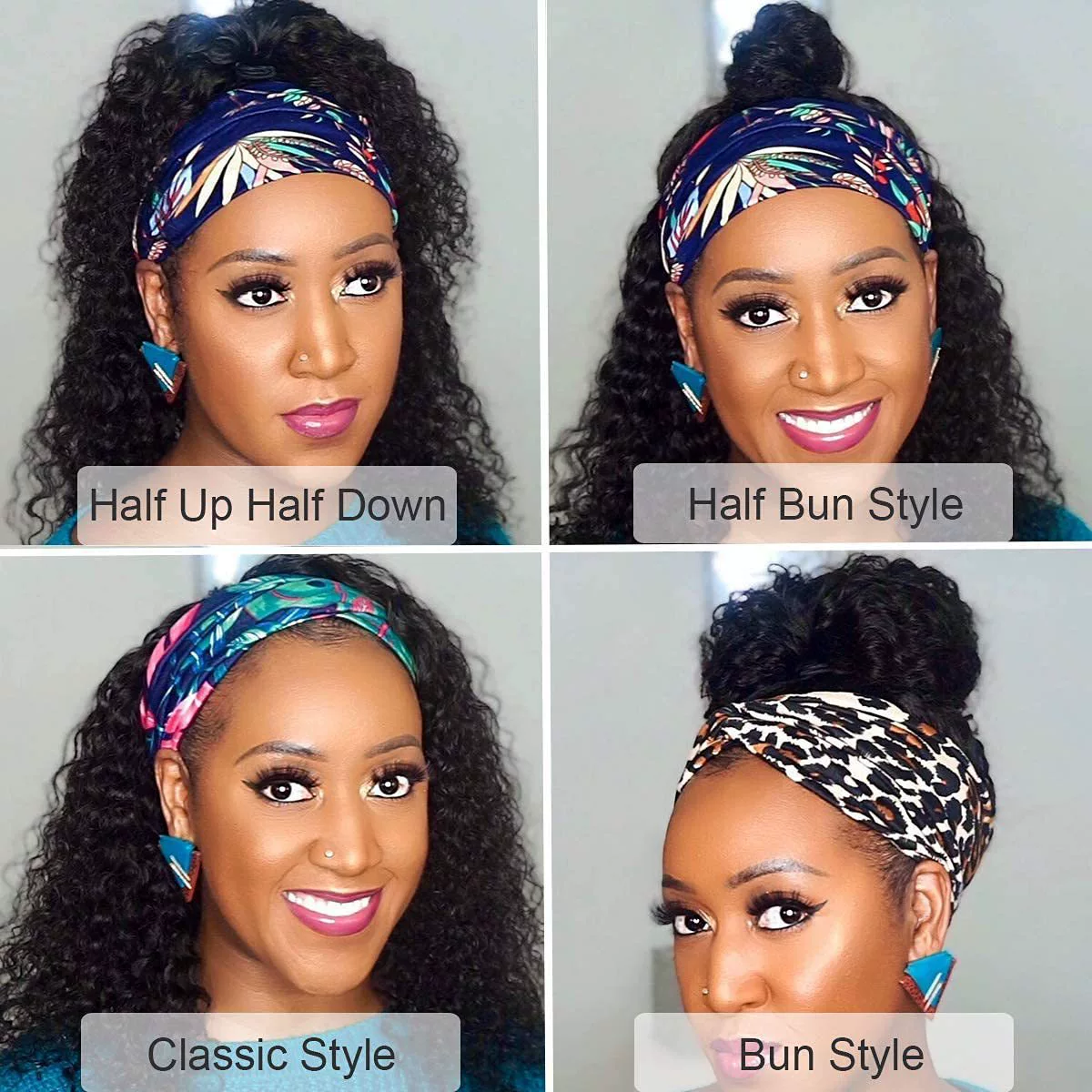 Headband Wig Human Hair Deep Wave 16 Inch Curly Headband Wigs Glueless No Lace Front Wigs for Black Women Deep Curly Headband Half Wigs 150% Density Natural Color