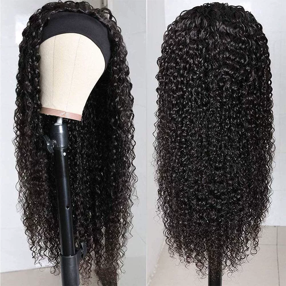 Headband Wig Human Hair Deep Wave 16 Inch Curly Headband Wigs Glueless No Lace Front Wigs for Black Women Deep Curly Headband Half Wigs 150% Density Natural Color