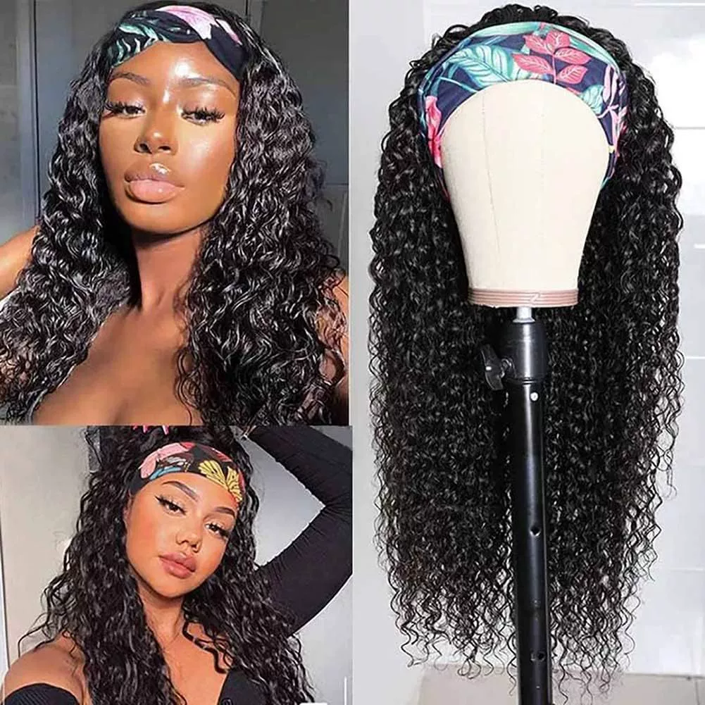 Headband Wig Human Hair Deep Wave 16 Inch Curly Headband Wigs Glueless No Lace Front Wigs for Black Women Deep Curly Headband Half Wigs 150% Density Natural Color