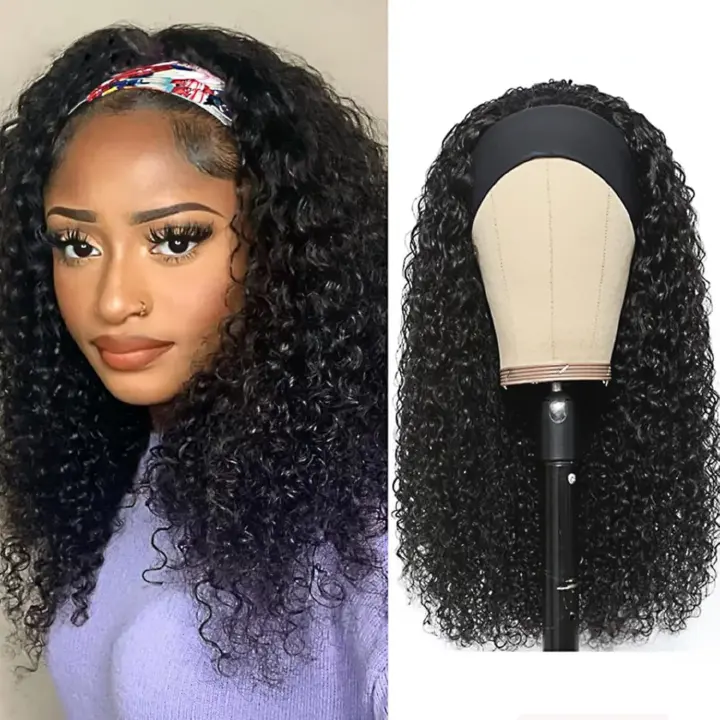 Headband Wig Human Hair Deep Wave 16 Inch Curly Headband Wigs Glueless No Lace Front Wigs for Black Women Deep Curly Headband Half Wigs 150% Density Natural Color