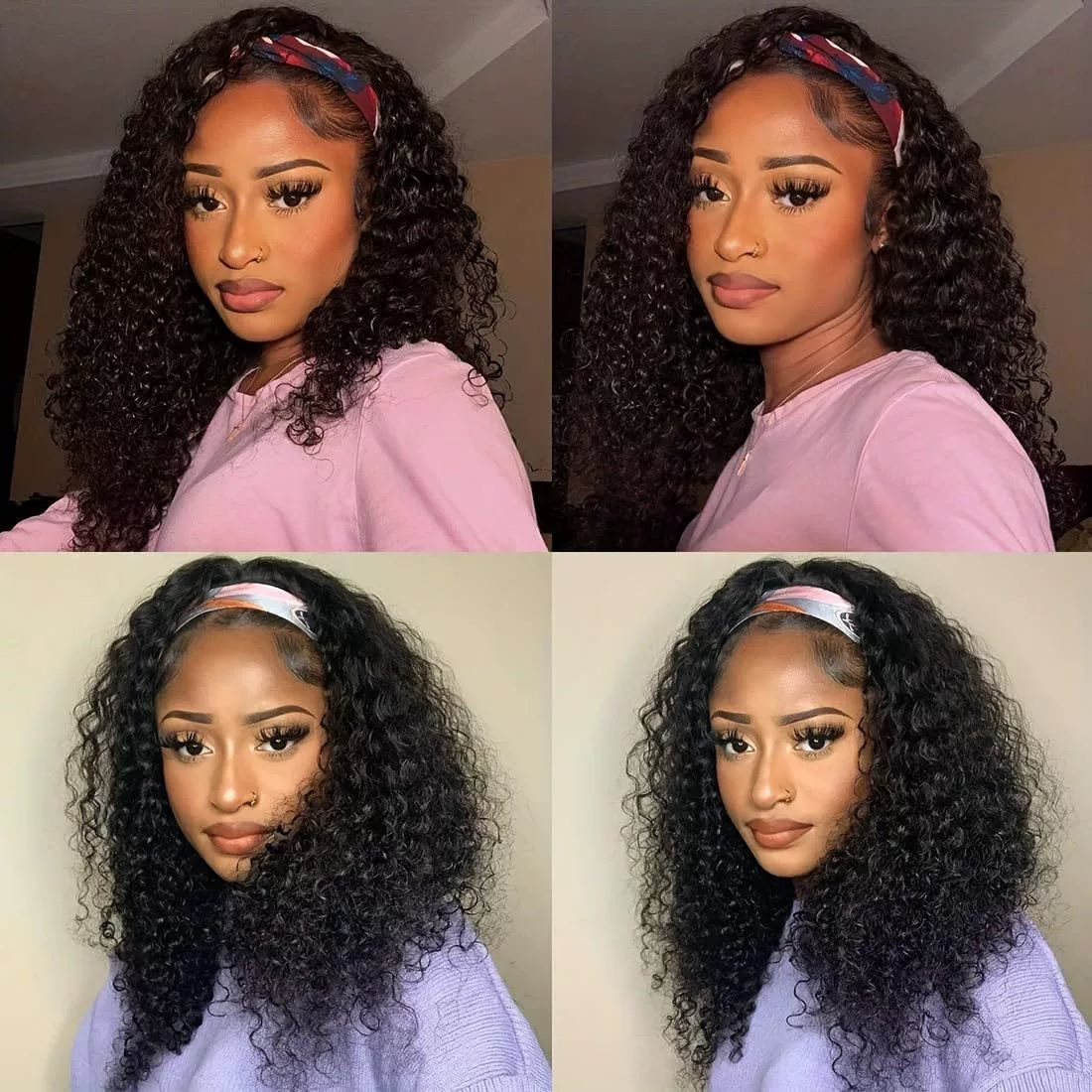 Headband Wig Human Hair Deep Wave 16 Inch Curly Headband Wigs Glueless No Lace Front Wigs for Black Women Deep Curly Headband Half Wigs 150% Density Natural Color