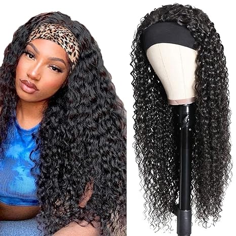Headband Wig Human Hair Deep Wave 16 Inch Curly Headband Wigs Glueless No Lace Front Wigs for Black Women Deep Curly Headband Half Wigs 150% Density Natural Color