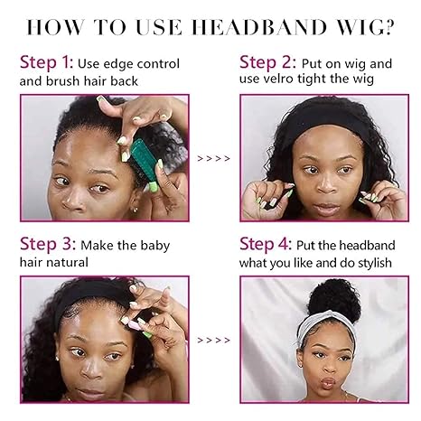 Headband Wig Human Hair Deep Wave 16 Inch Curly Headband Wigs Glueless No Lace Front Wigs for Black Women Deep Curly Headband Half Wigs 150% Density Natural Color