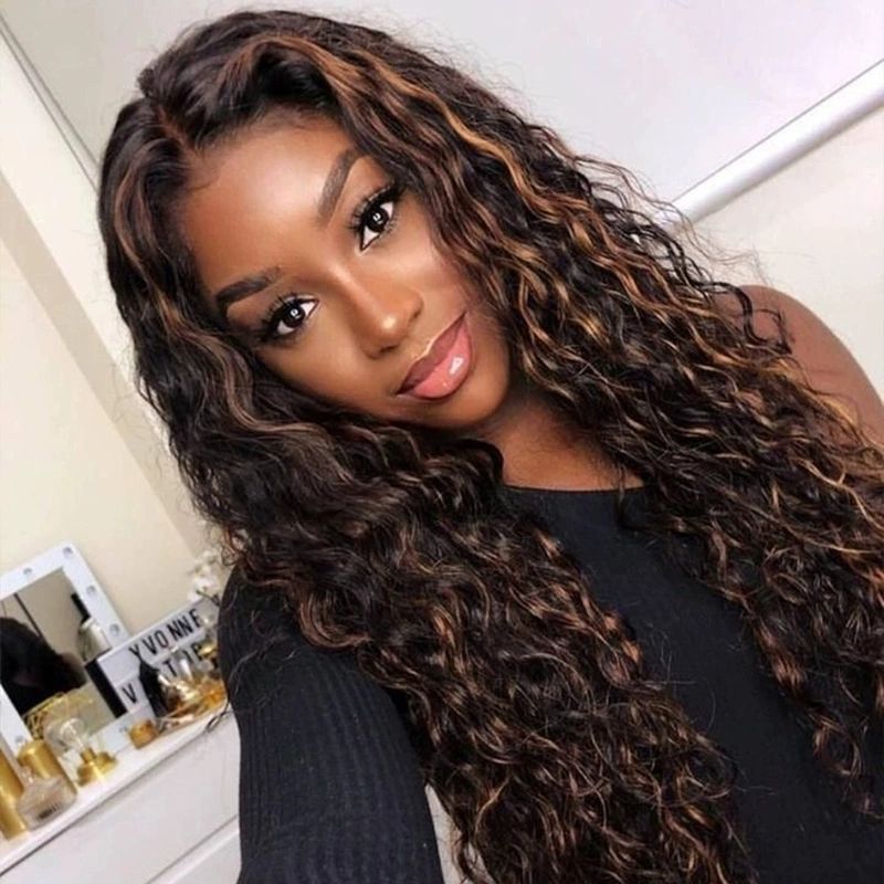 13x4 Loose Deep Wave Human Hair Wigs HD Lace Front Wigs Pre Plucked with Baby Hair Ombre Brown Highlight Blonde Wigs for Balck Woman 16 Inch Curly Wigs Brazilian Virgin Hair 150% Density 26inch