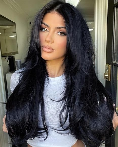 26" Long Straight 13x4 Lace Frontal Wigs for Black Women Free Part Lace Front Wigs with Baby Hair Natural Hairline Black Root Easy-360 Synthetic Hair Wig Heat Resistant Fiber (Jet Black)