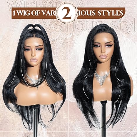 26" Long Straight 13x4 Lace Frontal Wigs for Black Women Free Part Lace Front Wigs with Baby Hair Natural Hairline Black Root Easy-360 Synthetic Hair Wig Heat Resistant Fiber (Jet Black)