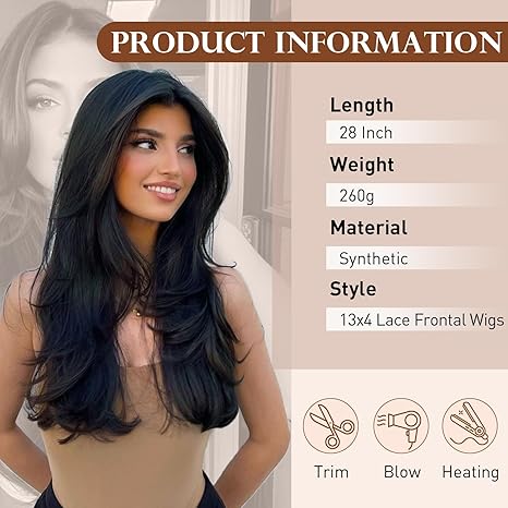 26" Long Straight 13x4 Lace Frontal Wigs for Black Women Free Part Lace Front Wigs with Baby Hair Natural Hairline Black Root Easy-360 Synthetic Hair Wig Heat Resistant Fiber (Jet Black)