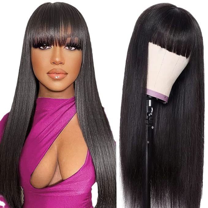 Straight Wigs with Bangs  Wigs for Black Women None Lace Front Wigs 150% DensityWomen Wig Pre Made Glueless Machine Made Wig Natural Color(20 Inch, Straight)