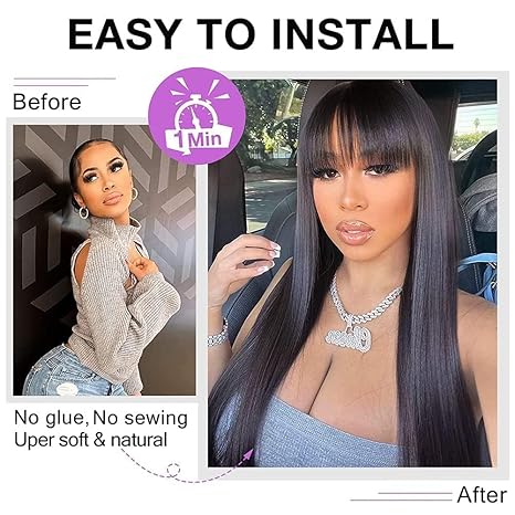 Straight Wigs with Bangs  Wigs for Black Women None Lace Front Wigs 150% DensityWomen Wig Pre Made Glueless Machine Made Wig Natural Color(20 Inch, Straight)