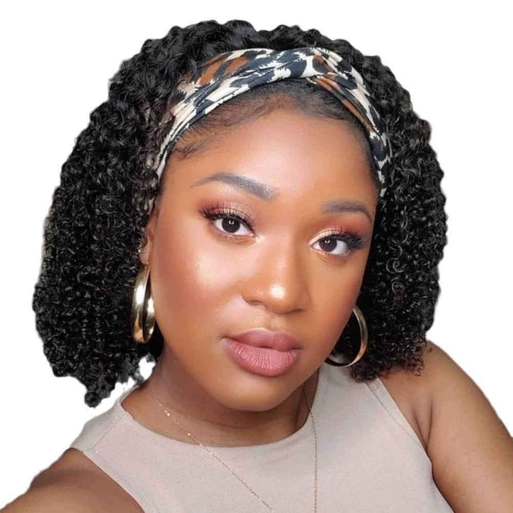 Human Hair Headband Wigs for Black Women - Curly, Glueless, Easy Wear - 10 Inch, Medium Cap Size (21.5 Inch)